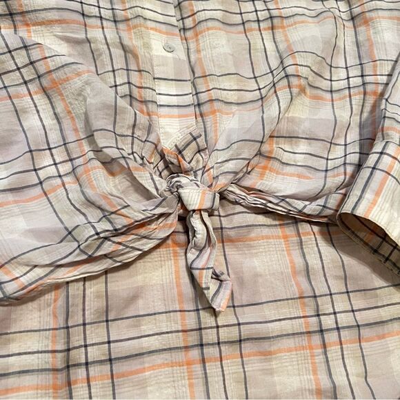 Elizabeth and James Plaid Tan Tie Button Up Women’s Small - Picture 2 of 5